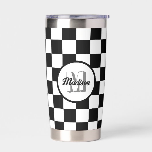 黒市松模様に白の幾何学的レトロモノグラム 保温保冷タンブラー (左面)