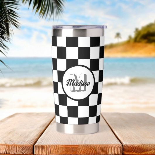 黒市松模様に白の幾何学的レトロモノグラム 保温保冷タンブラー (ビーチ)