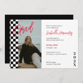 黒市松模様に赤の卒業招待状 招待状 (正面/裏面)