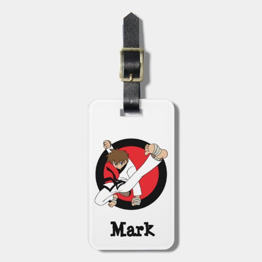 黒帯の空手/忍者のブルネットの男の子 ラゲッジタグ (正面縦)