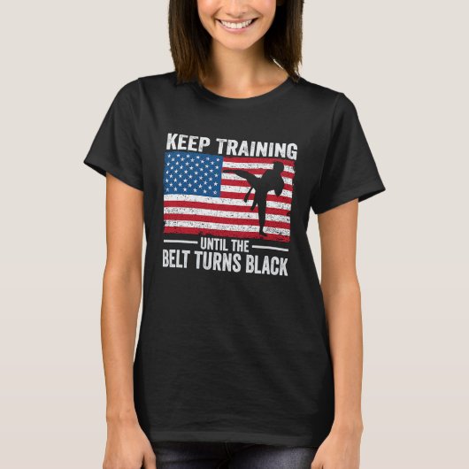 黒帯武道トレーニング空手男子アメリカ国旗 Tシャツ (正面)