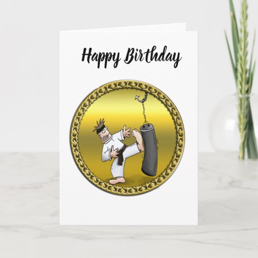 黒帯空手の男が黒い練習バッグを蹴る カード (正面)