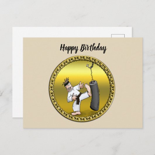 黒帯空手の男が黒い練習バッグを蹴る ポストカード (正面/裏面)