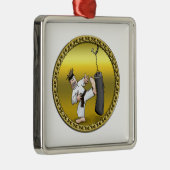 黒帯空手の男が黒い練習バッグを蹴る メタルオーナメント (右)