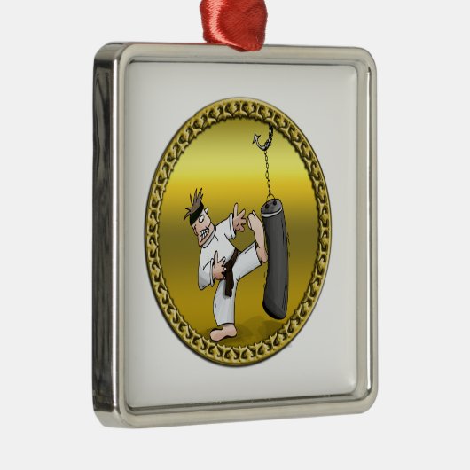 黒帯空手の男が黒い練習バッグを蹴る メタルオーナメント (右)