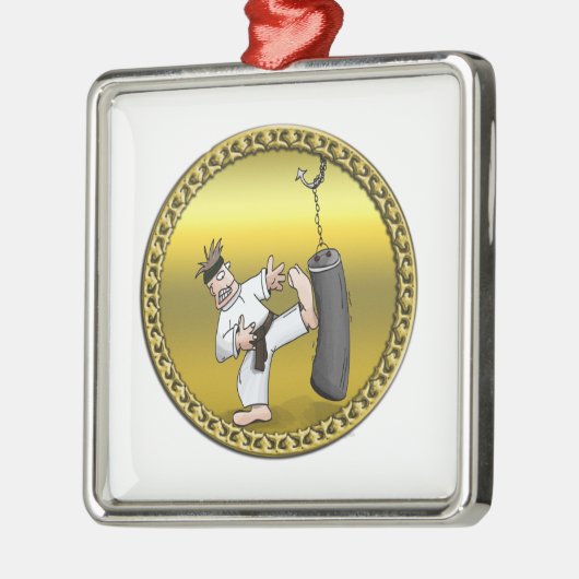 黒帯空手の男が黒い練習バッグを蹴る メタルオーナメント (左)