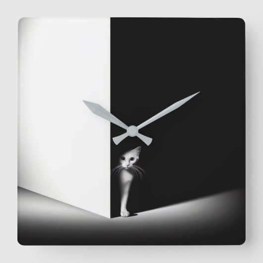 黒影の白い猫 スクエア壁時計 (正面)