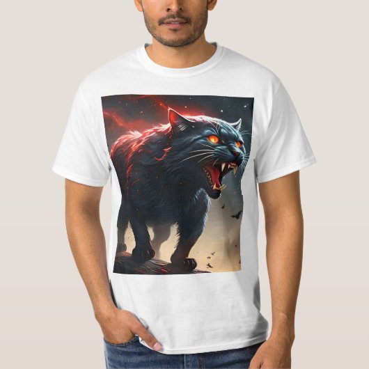 黒怒い炎のハロウィン・プッシー猫 Tシャツ (正面)