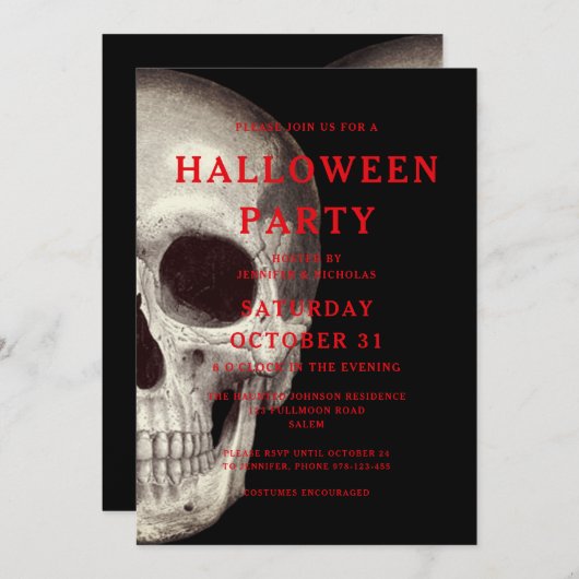 黒怖いスカル大人ハロウィーン招待状 招待状 (正面/裏面)