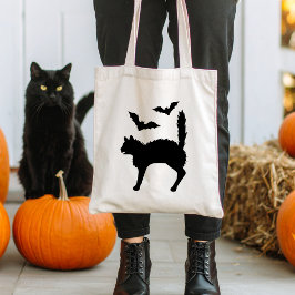 黒怖い猫のシルエットとこうもりハロウィン トートバッグ