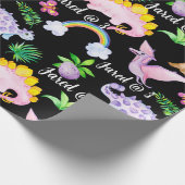 黒恐竜レインボーウォーター子供の誕生日 ラッピングペーパー (角)