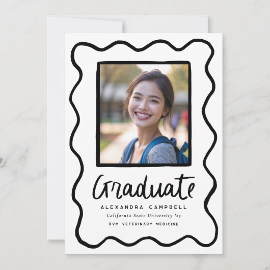 黒手描きスクイグル卒業写真 案内状 (正面)