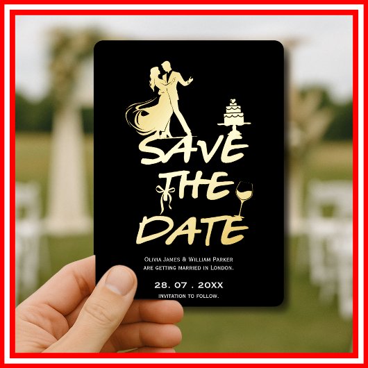 黒手描ファンキーきお洒落ミニマル結婚の 箔招待状