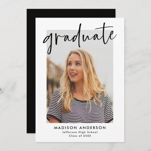 黒手文字の脚本写真卒業パーティー 招待状 (正面/裏面)