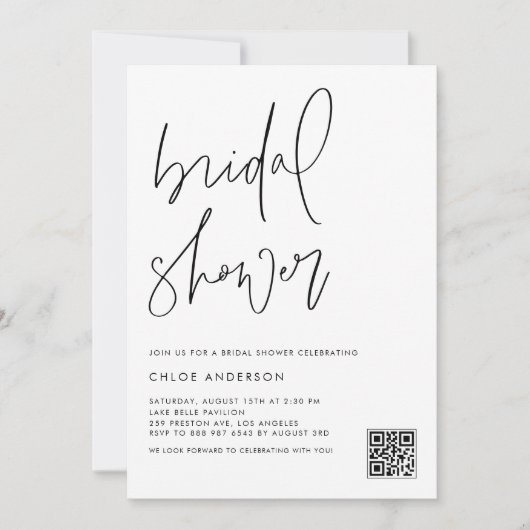 黒手書きスクリプトQRコードブライダルシャワー 招待状 (正面)