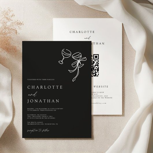 黒手書きQRコモダンード結婚ズ 招待状