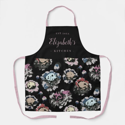 黒抽象芸術花模様パーソナライズされた料理 エプロン (正面)