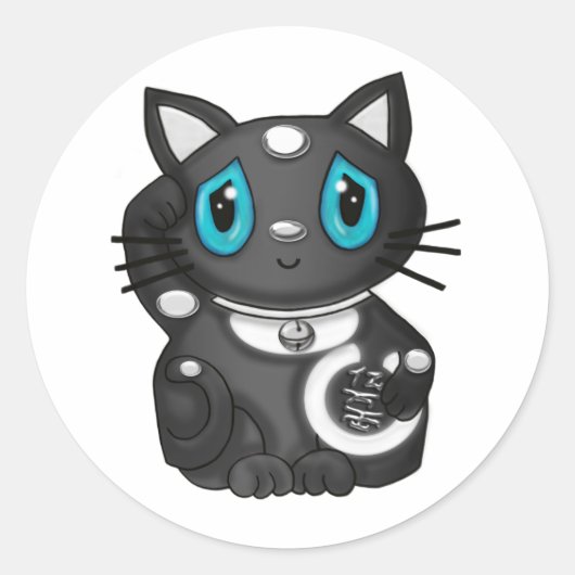 黒招き猫が福を祈る ラウンドシール (正面)