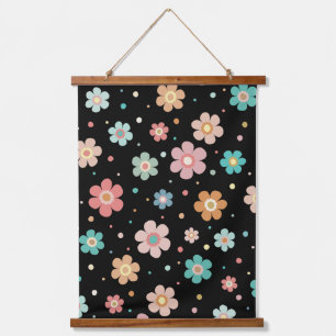 黒数々の色のかわいい花柄 吊り下げ型タペストリー