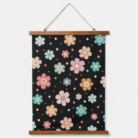 黒数々の色のかわいい花柄 吊り下げ型タペストリー (正面)