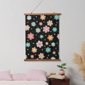 黒数々の色のかわいい花柄 吊り下げ型タペストリー (寝室)