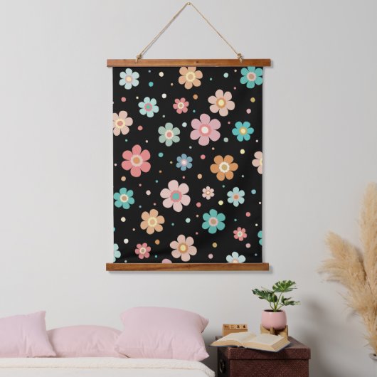 黒数々の色のかわいい花柄 吊り下げ型タペストリー (寝室)