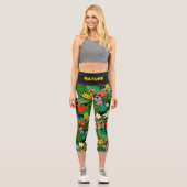 黒数々の色の花とパーム葉の花 カプリレギンス (正面)