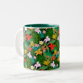 黒数々の色の花とパーム葉の花 ツートーンマグカップ (正面左)