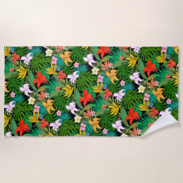 黒数々の色の花とパーム葉の花 ビーチタオル
