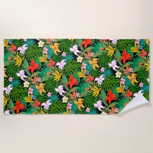 黒数々の色の花とパーム葉の花 ビーチタオル (正面)