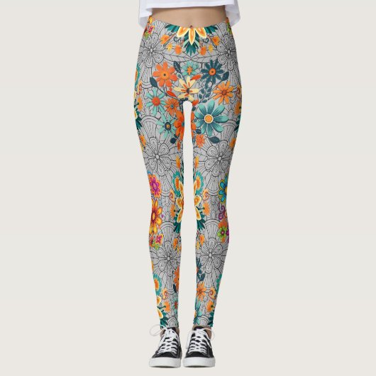 黒数々の色フラワーポットパターン レギンス (正面)