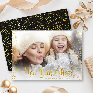 黒新年応援金ゴールドグリッター写真モダン シーズンカード