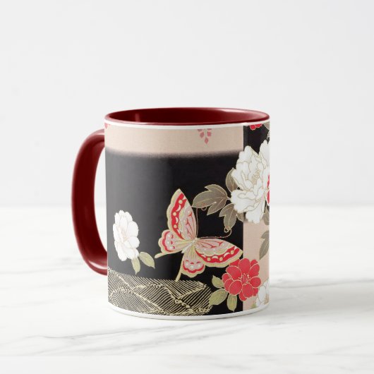 黒日本のと赤の牡丹マグカップ マグカップ (正面左)