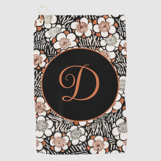 黒日本のと赤の花柄パーソナライズされた ゴルフタオル (正面)