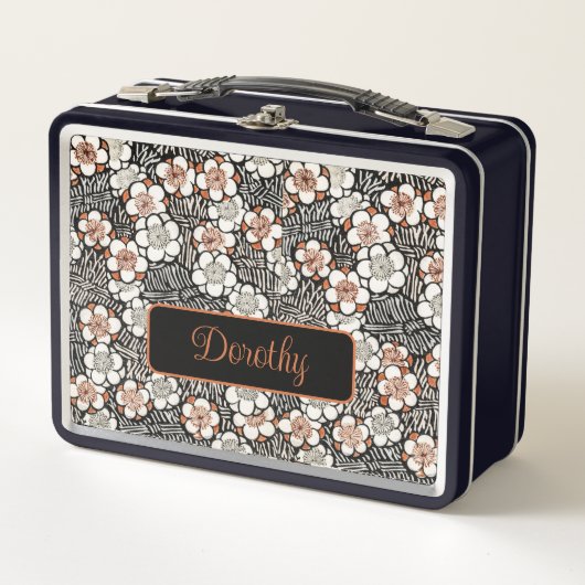 黒日本のと赤の花柄パーソナライズされた メタルランチボックス (正面)