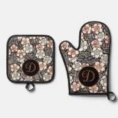 黒日本のと赤の花柄パーソナライズされた 鍋つかみ&鍋敷きセット (正面)