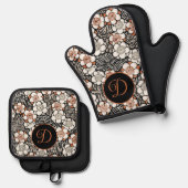 黒日本のと赤の花柄パーソナライズされた 鍋つかみ&鍋敷きセット (正面/裏面)