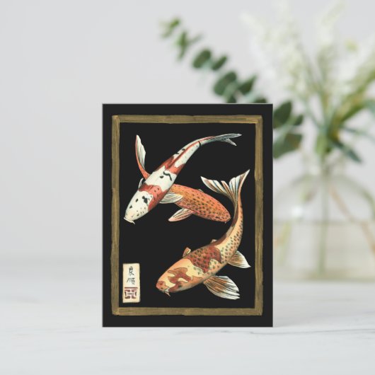 黒日本の地にコイ金魚2 ポストカード (スタンド正面)