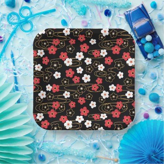 黒日本の桜さくらんぼ花 ペーパープレート (パーティー)