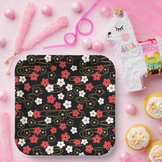 黒日本の桜さくらんぼ花 ペーパープレート (パーティー)