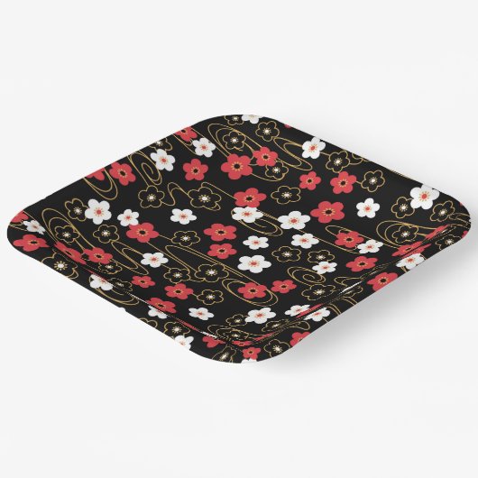 黒日本の桜さくらんぼ花 ペーパープレート (傾斜あり)