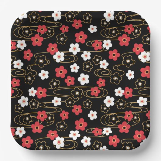 黒日本の桜さくらんぼ花 ペーパープレート (正面)