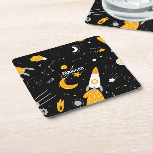 黒星と黄星ムーンアウタースペースロケット スクエアペーパーコースター (アングル)