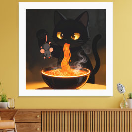 黒曜石の猫と勇敢なネズミ - 真夜中のラーメンの饗宴 キャンバスプリント