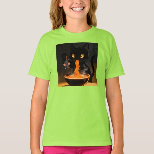 黒曜石の猫と大胆なネズミ - 真夜中のラーメンの饗宴 Tシャツ (正面)