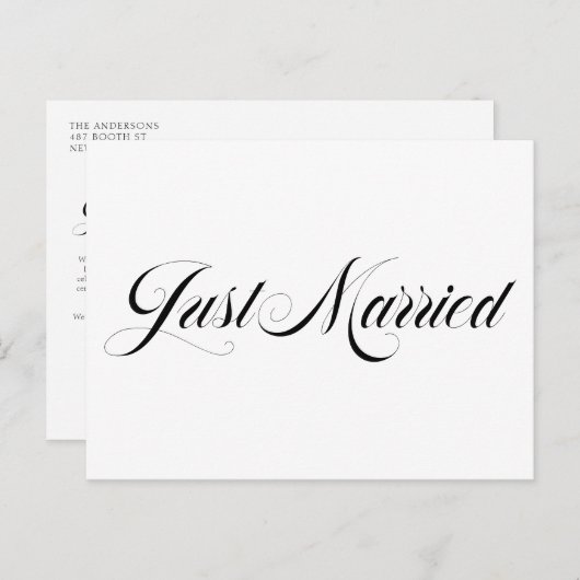 黒書道エレガントはっきりしたたった今結婚しました 案内ポストカード (正面/裏面)