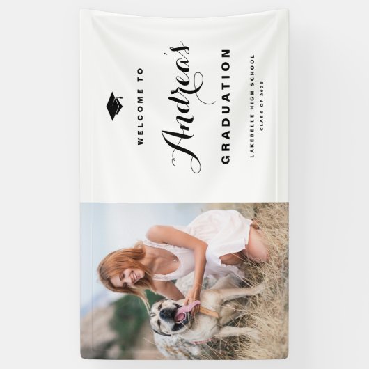 黒書道モダン写真卒業へようこそ 横断幕 (縦)