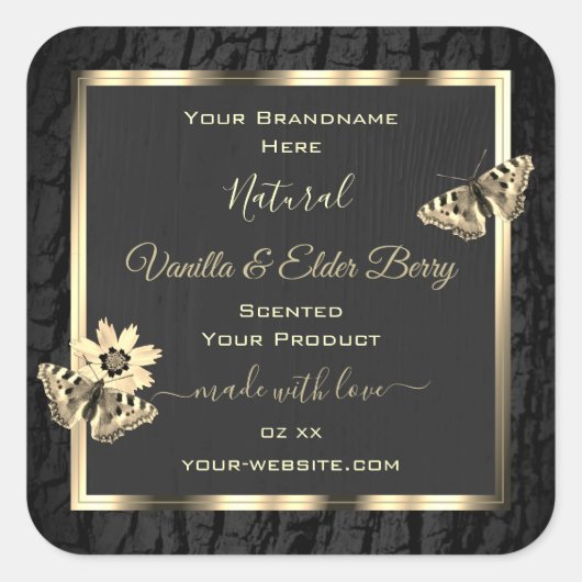 黒木の樹皮と木目の金ゴールド製品ラベル スクエアシール (正面)