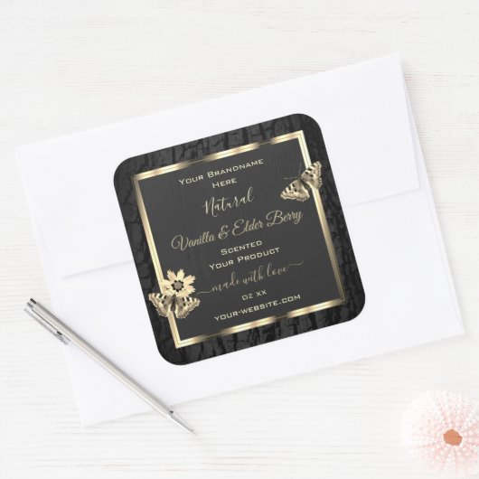黒木の樹皮と木目の金ゴールド製品ラベル スクエアシール (封筒)
