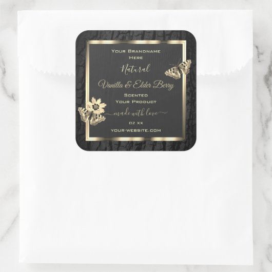 黒木の樹皮と木目の金ゴールド製品ラベル スクエアシール (バッグ)